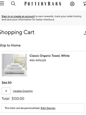 2 Pottery Barn Classic Organic  Sheet Towel - White 70” x 35” M Monogram on Both